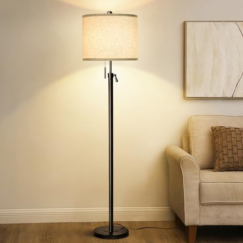 Qingmiao Adjustable Height Floor Lamp for Living Room, Black Standing Lamp for Bedroom Office, Modern Tall Lamp with Linen Shade, 3-Way Dimmable 8W 3000K LED Blub Included (Black)