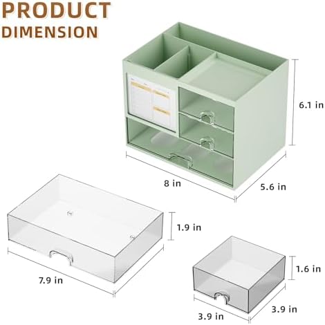 Marbrasse Desk Organizer with 3 Drawer, Multi-Functional Pencil Pen Holder for Desk, Desk Organizers and Accessories with 4 Compartments, Desktop Organizer Storage for Office Home Supplies (Green)