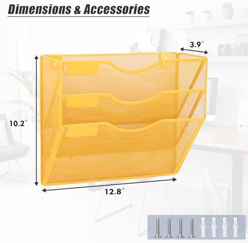 EASEPRES 3 Pocket Mesh Hanging Wall File Organizer, Wall Mounted Mail Paper Document Folder Holder, Clipboard Storage Organization Magazine Rack with Nametag Label for Office Home School, Yellow