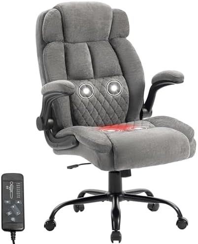 Massage Office Chair, 500LBS Ergonomic Rocking Executive Desk Chairs with 4 Points Vibration&Heat,Padded Flip-up Armrests for Big and Tall Office Chair,Swivel Computer Chair Thicken Back,Grey