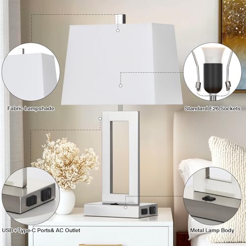 Cinkeda Silver Bedside Table Lamp Set of 2,Nightstand Lamps with USB Ports