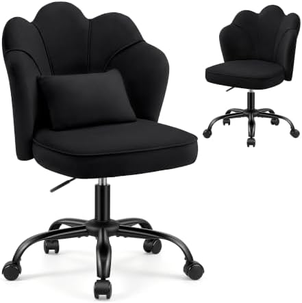 Vanity Chair with Wheels, Swivel Velvet Makeup Desk Chair, Black