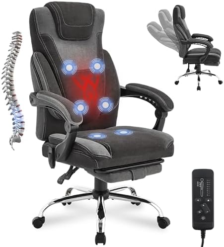 Massage Office Chair, Big and Tall Office Chair with Footrest, Ergonomic Executive Desk Chair with Extra Wide Seat, High Back&Padded Armrests, Reclining Fabric Computer Chairs, BlackGrey
