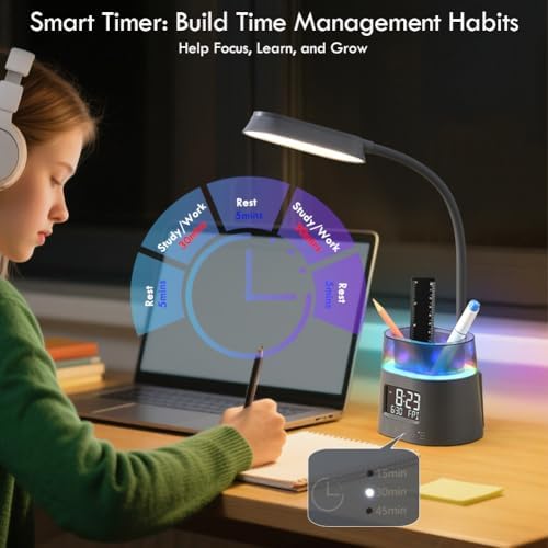 Led Desk Lamp with Pen Holder, Touch Lamps for Nightstand Eye-Caring Bedside Reading Light with Clock, Office Lamps Stepless Dimming, Lamp for Dorm Room, Suitable for Kid/Girl/Boy (Gray)