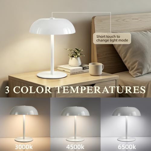 Portable LED Mushroom Table Lamp, 24H Cordless Metal Night Light with Rechargeable Battery, Stepless Dimmable 3 Colors Desk Lamp for Bedroom Bar Coffee Shop(White)