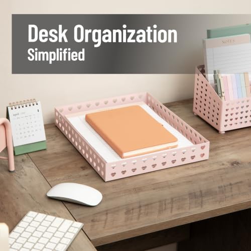 Mind Reader Paper Tray, Metal Letter Size Document Organizer with Heart Cutout Design, Desktop Paper Storage, Non-Skid Base, Pink