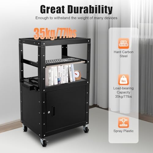 AV Presentation Cart Stand with Locking Cabinet, Steel Rolling Metal Cart On Wheels, Rolling Tv Stand with Power Outlet, Computer Cart On Wheels, Computer Cartwith Keyboard Tray 1.5m Cable