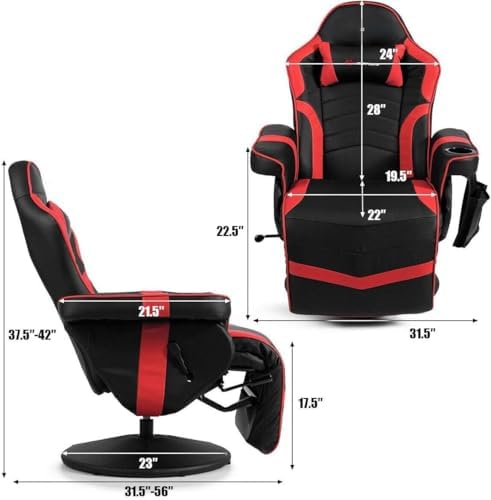 GYMAX Gaming Chair with Footrest, Massage Video Game Chairs for Adults with Remote, Adjustable Backrest, Headrest, Cup Holder & Side Pocket, Ergonomic High Back Office Computer Chair (Red)