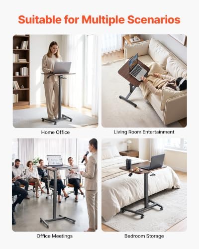 VEVOR Standing Desk, Adjustable Height Mobile Stand Up Desk with Tilting Desktop, 25.6 x 19 in Small Computer Sit Stand Rolling Workstation with 4 Casters, 33 lbs Capacity, Ideal for Home Office