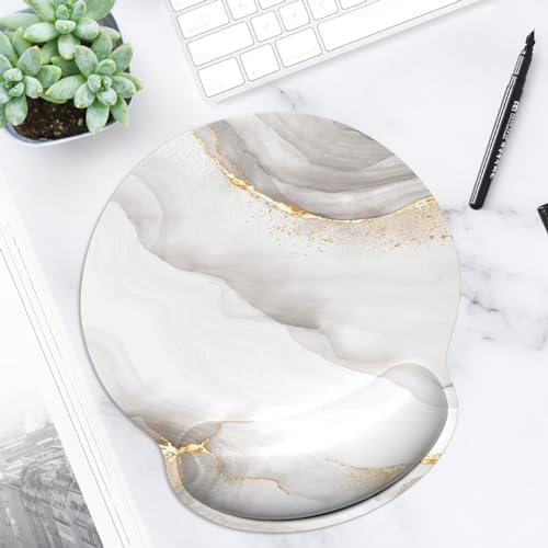 ITNRSIIET Ergonomic Mouse Pad with Wrist Support Wrist Rest Smooth Surface Non-Slip Rubber Base Comfortable Office Supplies Pain Relief, 9.8 x 9.1 inches, White marbling
