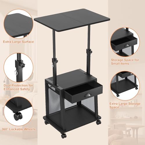 Height Adjustable Standing Desk with Wheels,Mobile Sit Stand Up Desk with Drawer,Rolling Laptop Computer Desk with storage,Portable Podium Teacher Stand Desk,Narrow Walking Pad Desk for Home Office