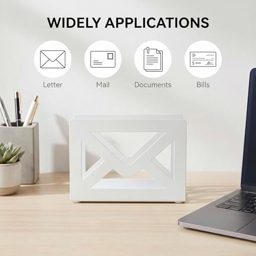 MyGift White Metal Desktop Mail Holder, Letter Organizer with Envelope