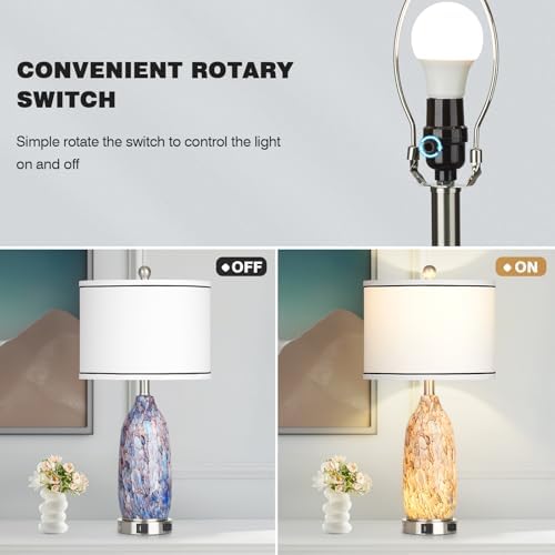 Coastal Lamps with USB A+C Ports & LED Night light, Unique Seashells Glass Table Lamps with Natural Fabric Shade, Modern Touch Control Beach Bedside Lamp for Living Room Bedroom Nightstand Navy Blue