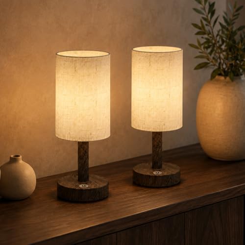 Small Rechargeable Cordless Table Lamp, Nightstand to Desk, Dark Walnut