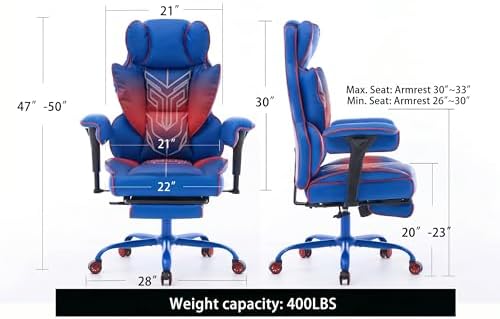 Big and Tall Gaming Office Chair 400lbs - Heavy Duty Ergonomic Computer Desk Chair with Footrest, Adjustable Armrests, High Back PU Leather with Racing Style (Blue/Red)