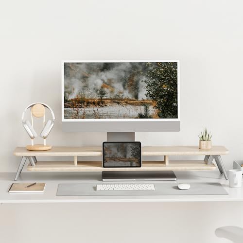 Fenge Dual Monitor Stand Riser, Wooden Desk Shelf with 2-Tier Storage