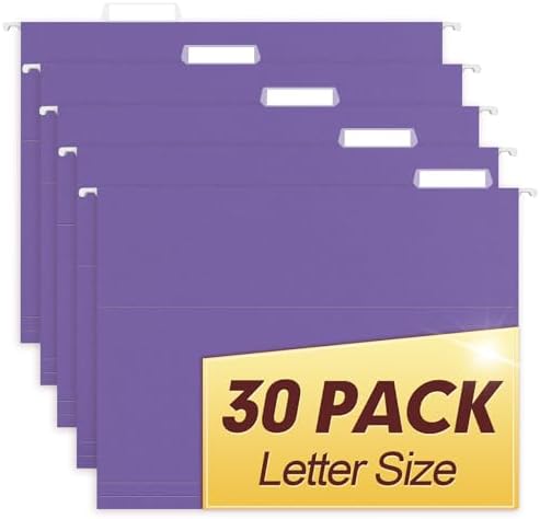 HERKKA Hanging File Folders, 30 Pack Reinforced Letter Size Hanging Folders, Designed for Bulky Files, Filing Cabinet, 1/5-Cut Adjustable Tabs (Purple)