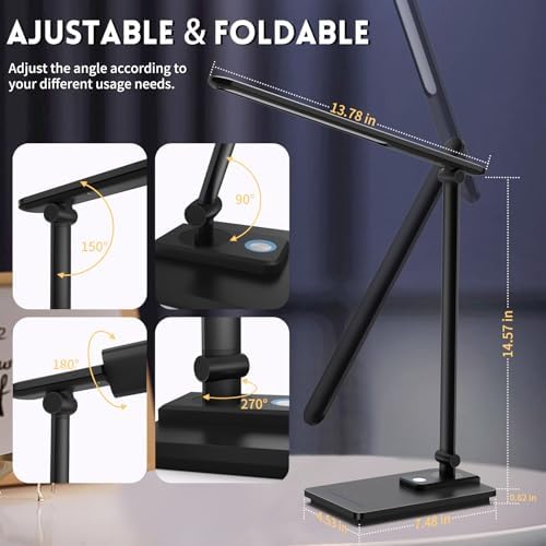 LED Desk Lamp for Home Office, USB Charging Port, Reading Desk Light with 5 Color Temperatures, Stepless Dimming, Table Lamp with Timer, Night Light, Foldable Desk Lamp for College Dorm Room (Black)