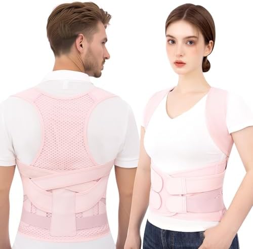 Posture Corrector for Women and Men, Full Back Brace for Posture Support, Adjustable Shoulder Straightener with Waist Belt, Breathable Upper Back Brace for Hunchback Posture, Daily Back Support Pink, Large