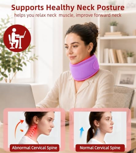 Red Light Therapy Neck Brace, 660nm & 850nm Infrared Light Therapy for Neck Pain Relief & Support, 3 Light Modes and Timer, Adjustable Wireless Cervical Collar for Home Office Use (Purple)