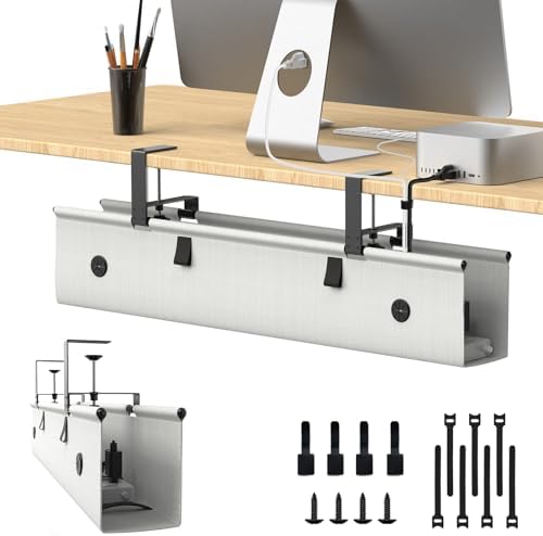 Under Desk Cable Management Tray, 30-inch No-Drill Cord Organizer with Anti-Sag Reinforced Base, Fabric Wire Management Hider for Standing Desk, Office & Gaming Accessories - Grey