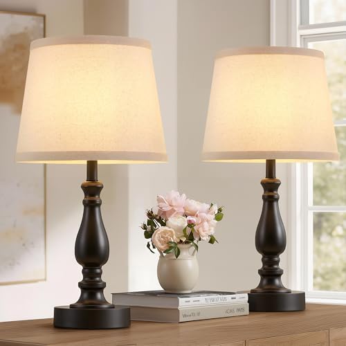 Lamp for Bedroom Set of 2 - 19" Small Bedside Table Lamps with Rotary Swithch - Modern Lamps for Living Room Night stands - Desk Lamps for Home Office End Tables with Fabric Linen shade for Reading