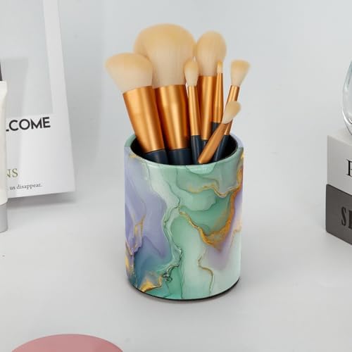 Teal Blue Marble Pen Holder Pencil Organizer Cute Pencil Cup Desk Decor Makeup Brush Holder PU Multifunctional Office Supplies for Home Classroom School