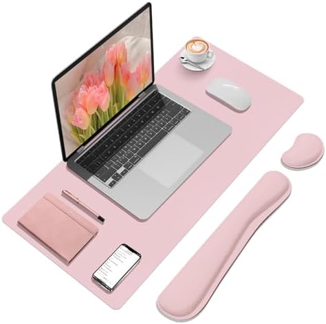 Desk Mat Set， Wrist Rest for Computer Keyboard, 3-in-1 Large Mouse Pad and Keyboard Wrist Rest Set, Non-Slip Desk Mat Protector for Office, Home(27.5×13.8 Inches, Pink)