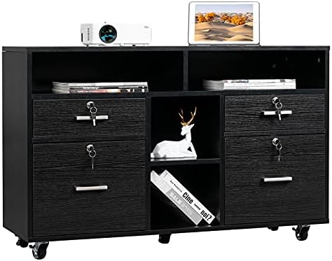 VINGLI Wood Mobile File Cabinet with 4 Drawers and Shelves, Printer Stand with Open Storage, Locking Lateral Filing Cabinet for Home Office, Black