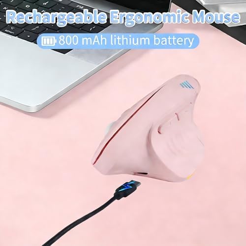 Bluetooth Wireless Dual-Mode Vertical Mouse - Silent Click, Ergonomic Comfort for Office & Home Use, Rechargeable with LED Breathing Light, Compatible with Multiple Devices (Pink)