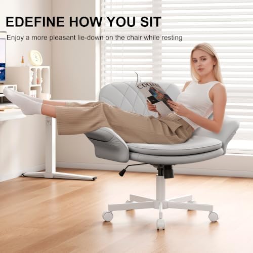 Misolant Criss Cross Chair with Armrests & Wheels for Cross-Legged Sitting, Comfortable PU Leather Vanity Chair, Office Desk Chairs with Adjustable Rocking Function, for Home, Bedroom Gray