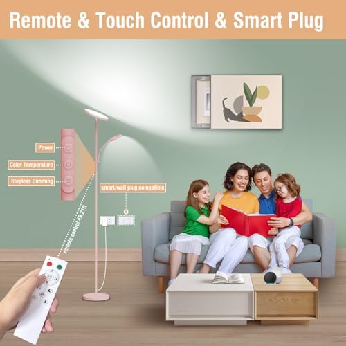 marctronic Pink Floor Lamp, 42W 4000LM Super Bright LED Room Lamp with Adjustable Reading Light,Dimmable Modern Standing Lamp with Remote & Touch Control for Room Bedroom Office Floor Light