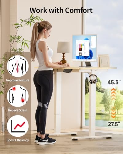 Okin Standing Desk Electric Adjustable Computer Whole Piece Stand up Desk Office Gaming Home Office Memory Desks 48x24 inches Cream Brown
