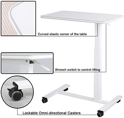 TigerDad Pneumatic Adjustable Overbed Table with Gas Spring Riser | Medical Adjustable Bed Side Table with Wheels | Portable Standing Desk for Laptop Computer with Large Work Space 30.7"x 17"