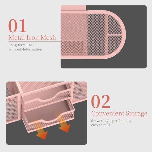 SUPEASY Mesh Desk Organizer, Pen Holder for Desk with 2 Drawers, Pink