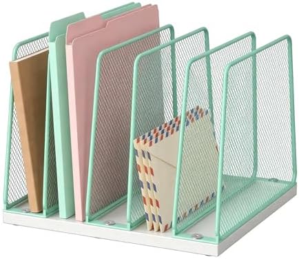 LEKETREE Desk File Organizer, 5-Section Upright File Sorter, Vertical File Folder Holder, Mesh Metal Wood Office Desktop Organization for Document, Magazine, Books and more (Mint)