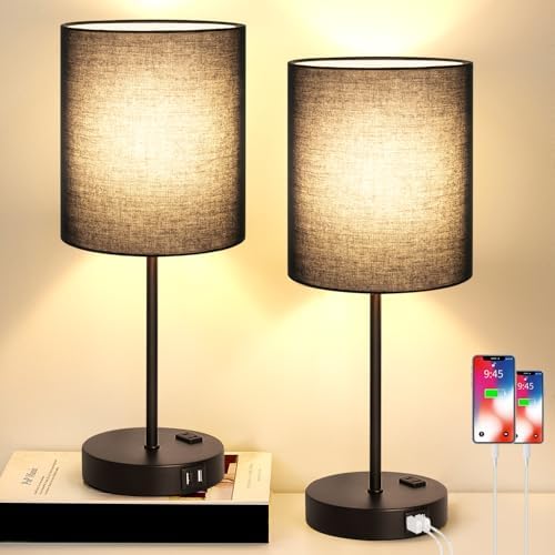 Lynnoland 2 Pack Touch Control Table Lamps with 2 USB & AC Outlet, 3-Way Dimmable Bedside Nightstand Lamps for Bedroom Living Room Nursery, 800 Lumens 3000K Warmlight Bulbs Included