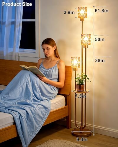 Lightdot Amber Glass Floor Lamp with Table Farmhouse Modern Gold Floor Lamp