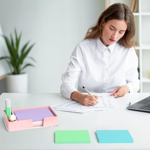 Sticky Note Holder with Pen Slot, Pink Acrylic Notepad Holder 4x6 in Self-Stick Note Dispenser Office Desk Accessories, Memo Pad Holder Organizer for Classroom School Supplies
