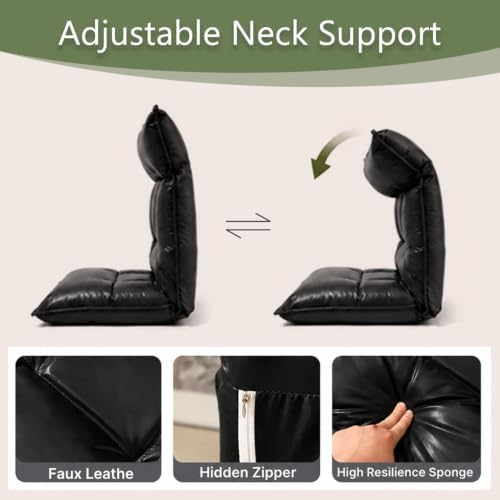 Floor Chair with Back Support, 42-Position Adjustable Gaming Chair for Adults, Faux Leather Floor Lounger, Reading Chairs with Neck Support, Foldable Floor Seat for Sleeping, Gaming (Black)