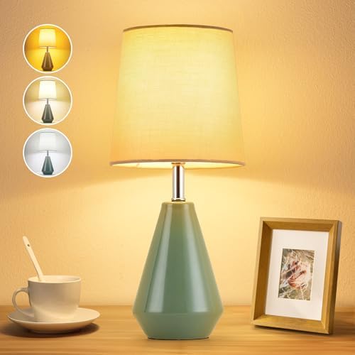 Small Bedside Table Lamp for Bedroom - Reading Desk Lamp with 3 Color Temperatures，15.5" Nightstand Ceramic Lamp with Fabric Shade for Kids Room,Living Room,Dorm,Home Office (Green)