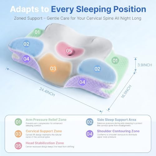 Cervical Pillow for Neck Pain Relief, Orthopedic Memory Foam Pillow with Cooling Cover, Contour Ergonomic Support for Side Back Stomach Sleepers (Grey)
