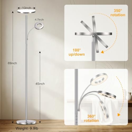 marctronic Brushed Nickel Floor Lamp, 42W 4000LM Brightest LED, Smooth Metallic Body & Anti-Glare, Dimmable Remote/Touch Floor Lamp for Bedroom/Study