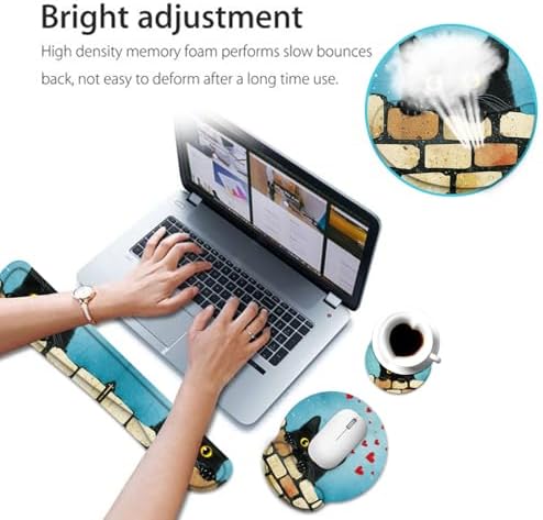 Keyboard Wrist Rest and Mouse Pad Wrist Support Set with Coaster,Comfortable for Easy Typing,Pain Relief,Memory Foam Keyboard Pad Set for Laptop Mac,Cute Black Cat