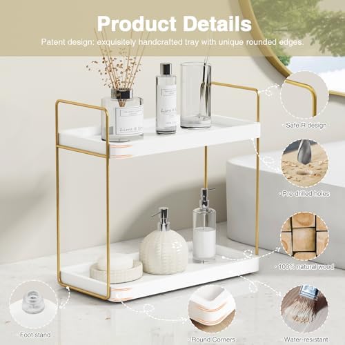 Forbena White and Gold Bathroom Counter Organizer, 2 Tier Makeup Vanity Organizer Countertop, Bathroom Sink Skincare Shelf Tray Organizers and Storage for Perfumes Lotions Kitchen Coffee Bar Decor