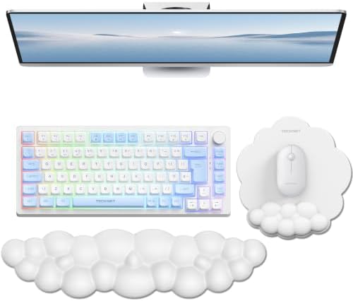 TECKNET Cloud Mouse Pad with Wrist Rest, Ergonomic Cloud Wrist Rest with Non-Slip Base, PU Leather Memory Foam Mouse Pad Wrist Support for Keyboard and Mouse, Pain Relief for Typing, Gaming, White