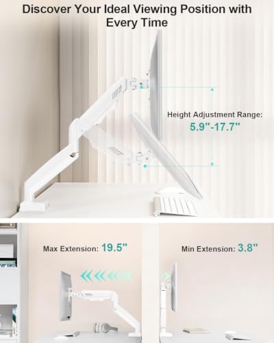 Single Monitor Desk Mount, 19-34 inch Adjustable Full Motion Monitor Arm, Computer Monitor Stand Holder with Clamp and Grommet Base, Fit 4.4 to 19.8lbs Screens, VESA Mount Bracket, White