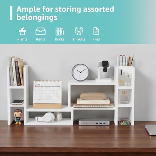 NUTIKAS White Desktop Bookshelf Adjustable Desk Organizer Shelf - Corner Wood Tabletop Storage Display Rack with 6 Cubbies and Pen Holder, Small Hutch for Office Supplies & Dorm Room Decorations