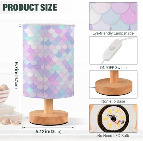 ALAZA Rainbow Scales Mermaid Decor Bedside Table Lamp with USB Port for Bedroom Nightstand Office Desk LED Bulb Included