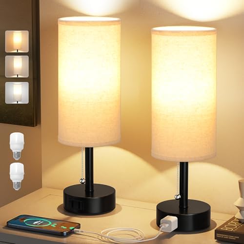 Beige Bedside Table Lamps Set of 2 - Bedroom Lamp for Desk, AC Outlet
